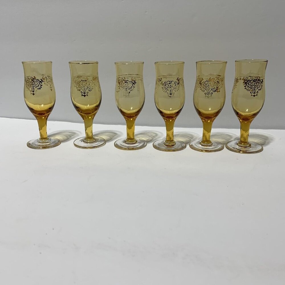 Vintage Set of 6 Amber Cordial Glass Footed w/ Gold Trim Clear Stem MCM